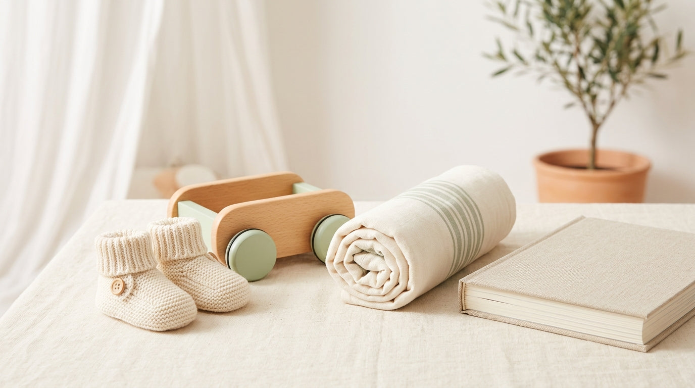 A wooden baby play gym set with crochet hanging toys against a white background