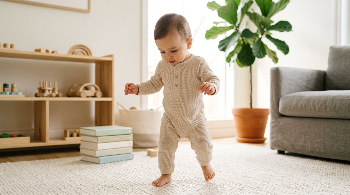 Toddler taking first steps barefoot on a living room rug