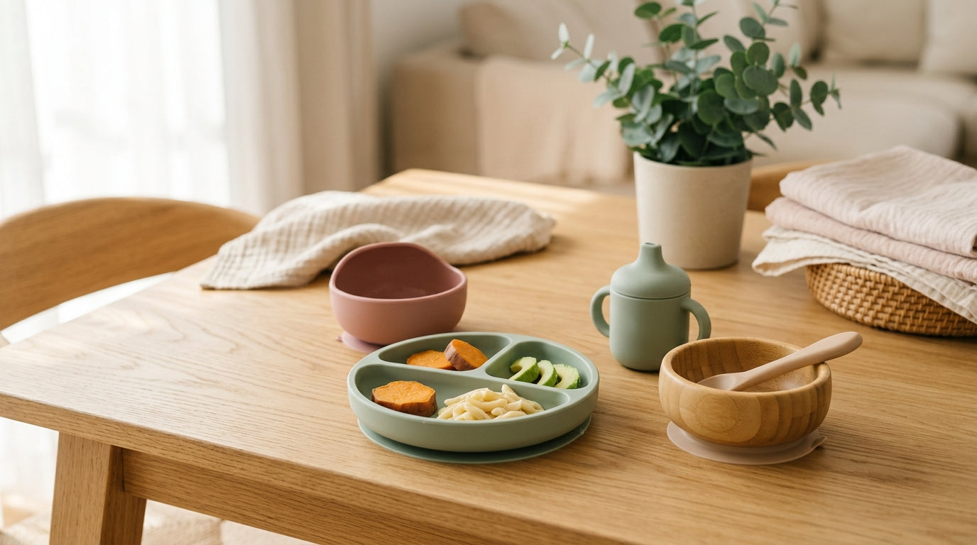 First-time dad troubleshooting a silicone baby bowl on a high chair tray