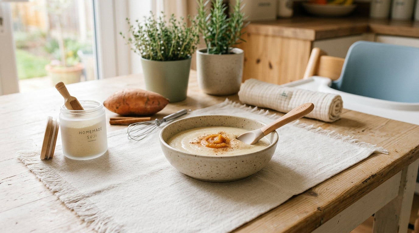 A messy baby sitting in a highchair eating a bowl of warm semolina porridge