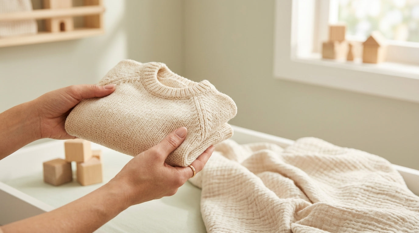 A dad looking exhausted holding a tiny organic cotton cardigan