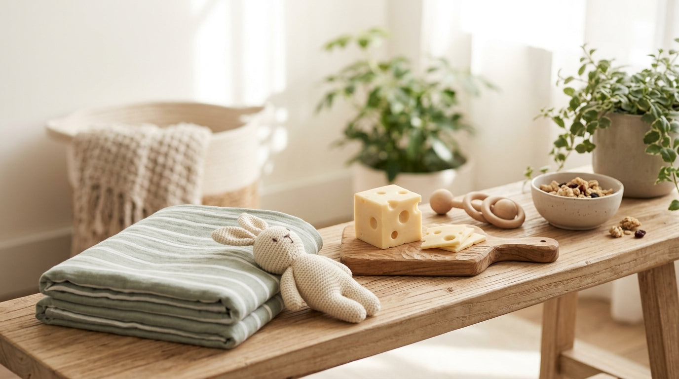 Marcus holding thin slices of baby swiss cheese next to a high chair