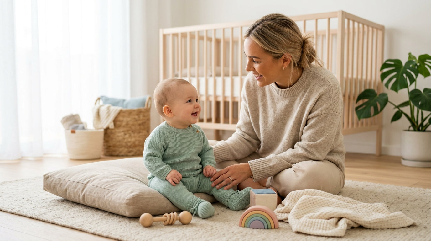 Mom sitting on living room floor talking casually to her six-month-old baby