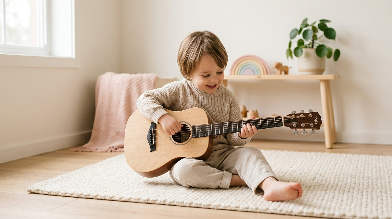 A small acoustic guitar next to some scattered soft rubber building blocks