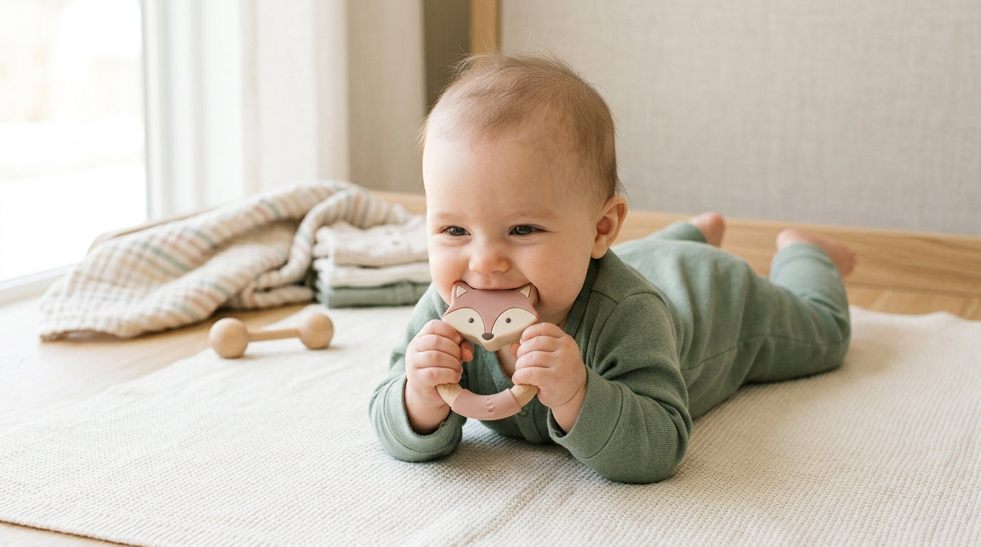 A tired mother looking at a baby teeth chart while her toddler chews a toy