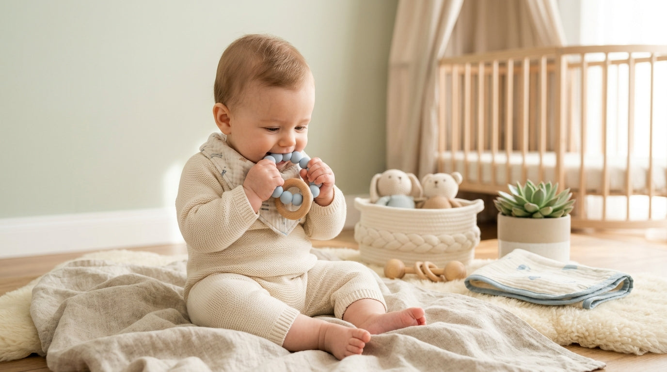 A tired mom holding a teething baby who is chewing on a silicone squirrel teether