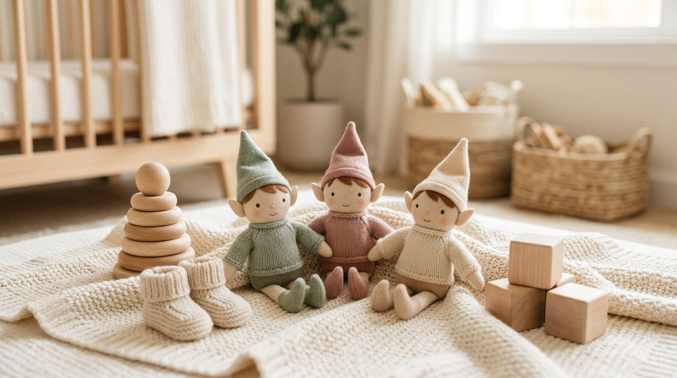 A trendy plush elf blind box toy sitting next to safe wooden baby toys