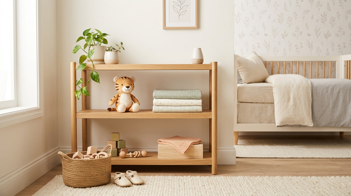 Toddler in an organic bodysuit playing independently on a wooden play mat