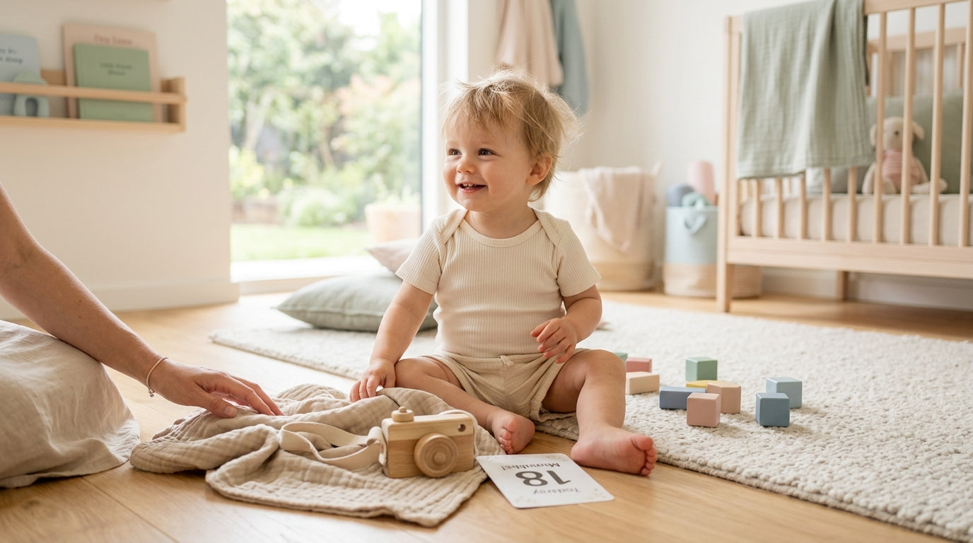 A tired millennial mom looking at a baby to kid meme on her phone while surrounded by toddler toys.