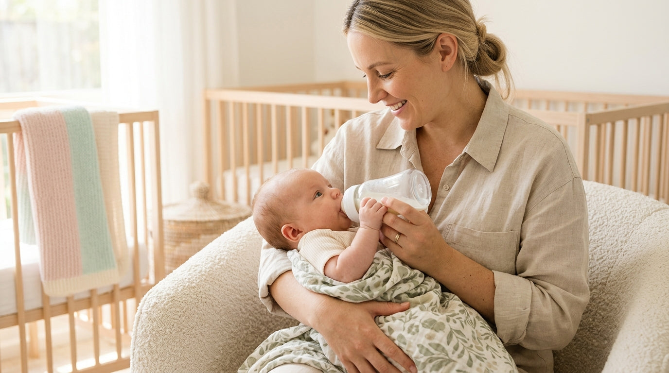 Close up of a sleeping baby wrapped in a blue floral bamboo blanket.