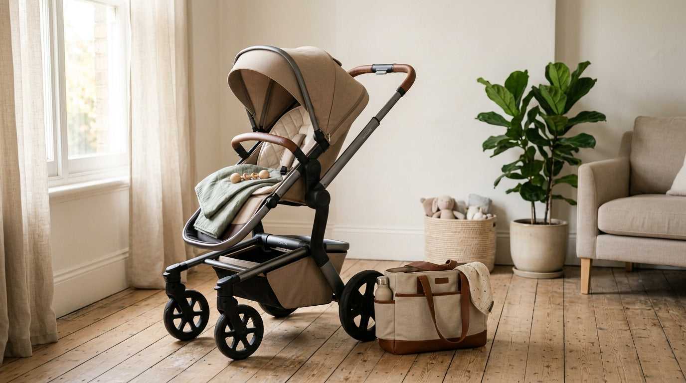 A mother pushing a modern infant car seat and stroller combination down a sidewalk.