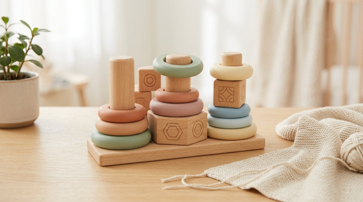 A bewildered dad looking at his phone while a baby plays on a wooden gym