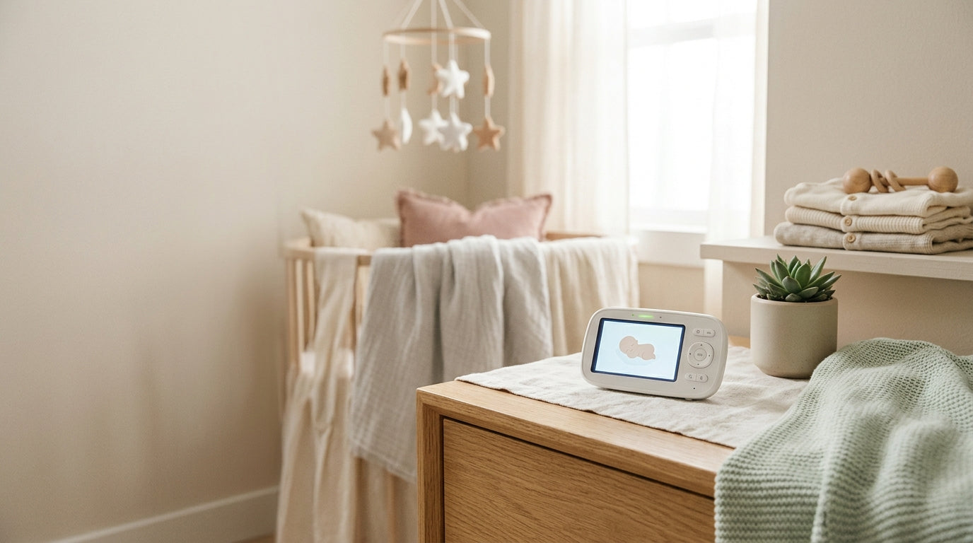 A mother looking at a baby monitor screen in a dark bedroom