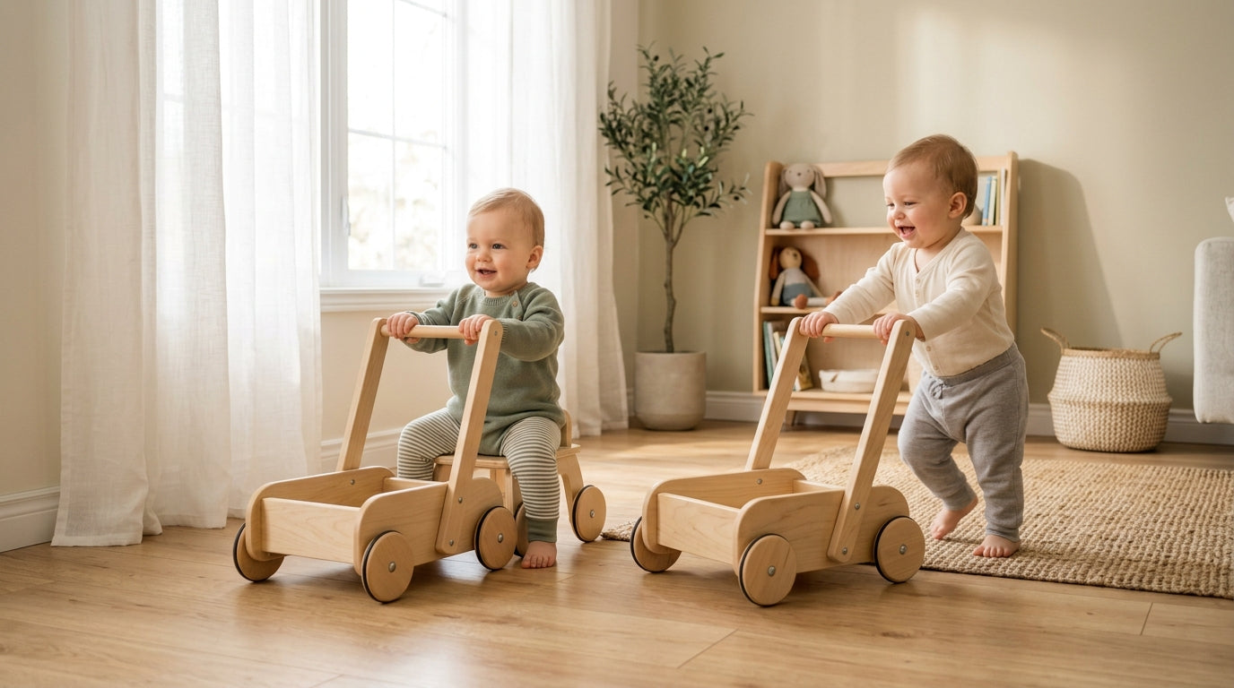 Tom holding a wooden push cart while two toddlers run in opposite directions