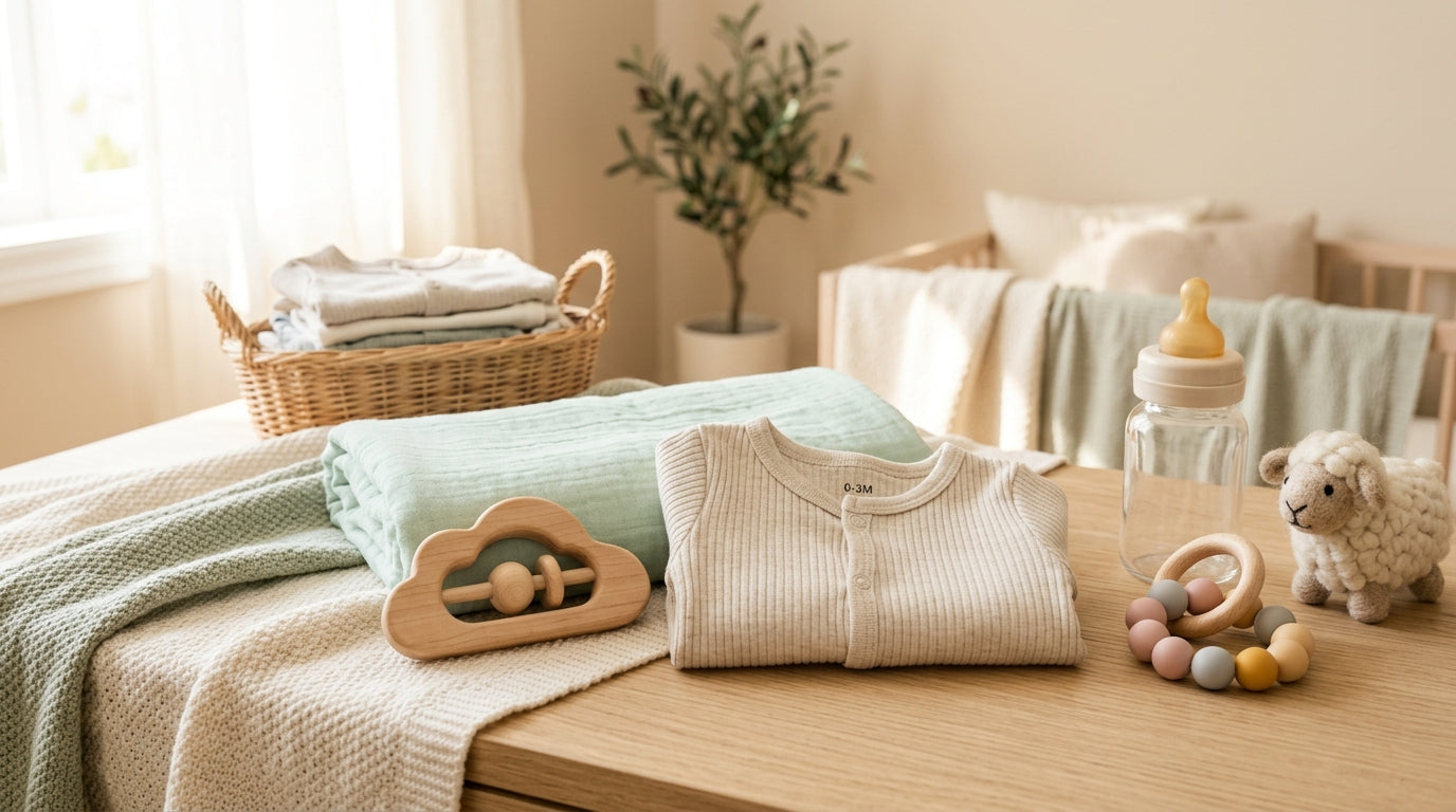 Exhausted mom in sweatpants holding a crying newborn surrounded by unused baby gear