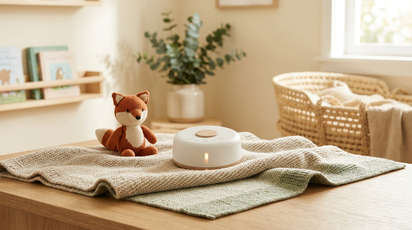 A realistic looking sound machine sitting across the nursery from a sleeping infant in a wooden crib.