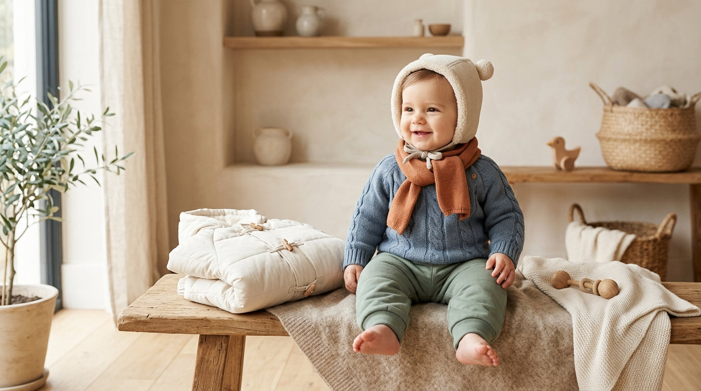 A stressed mom holding a lukewarm coffee next to a baby in a giant puffy coat.