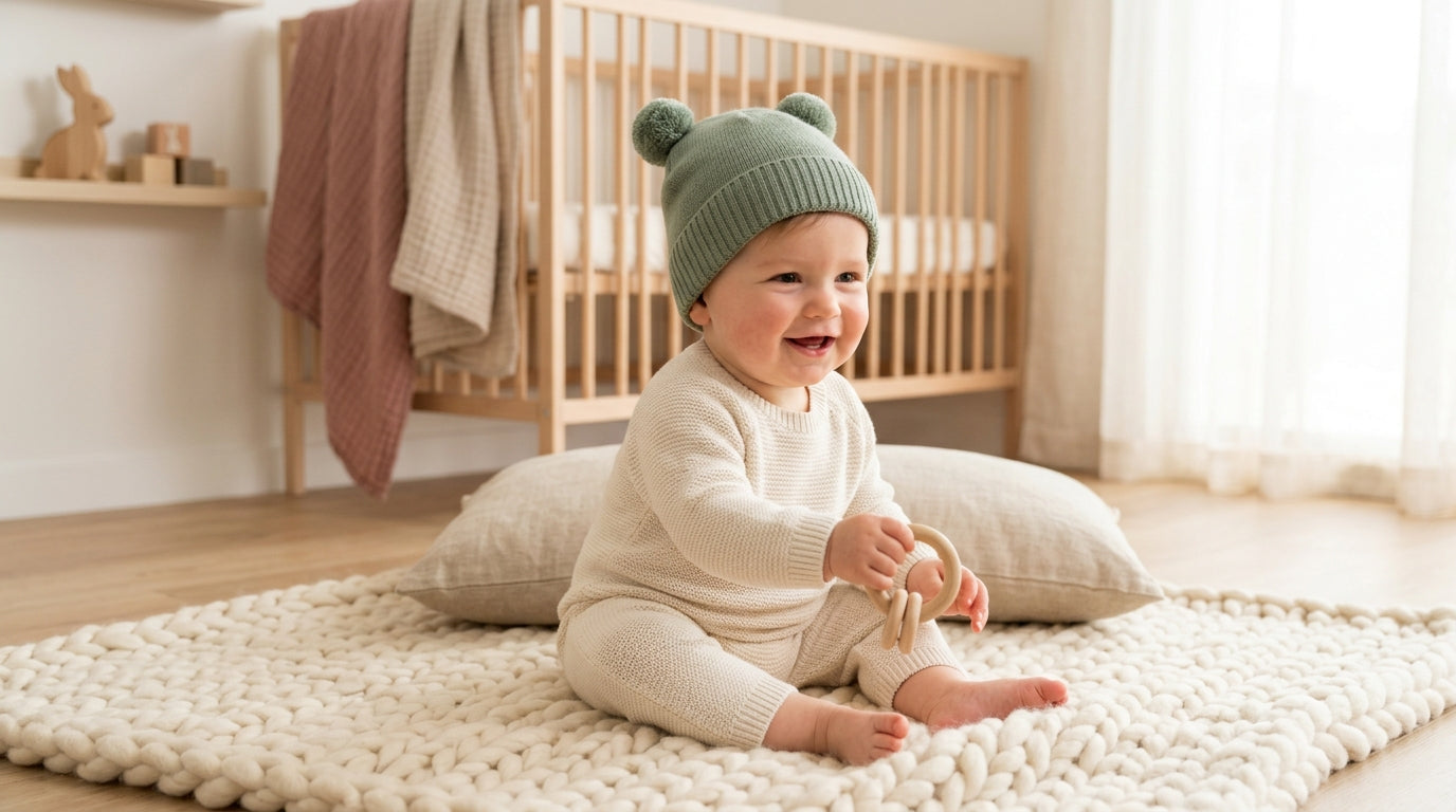A frustrated mom holding a crying baby and a dropped winter beanie.