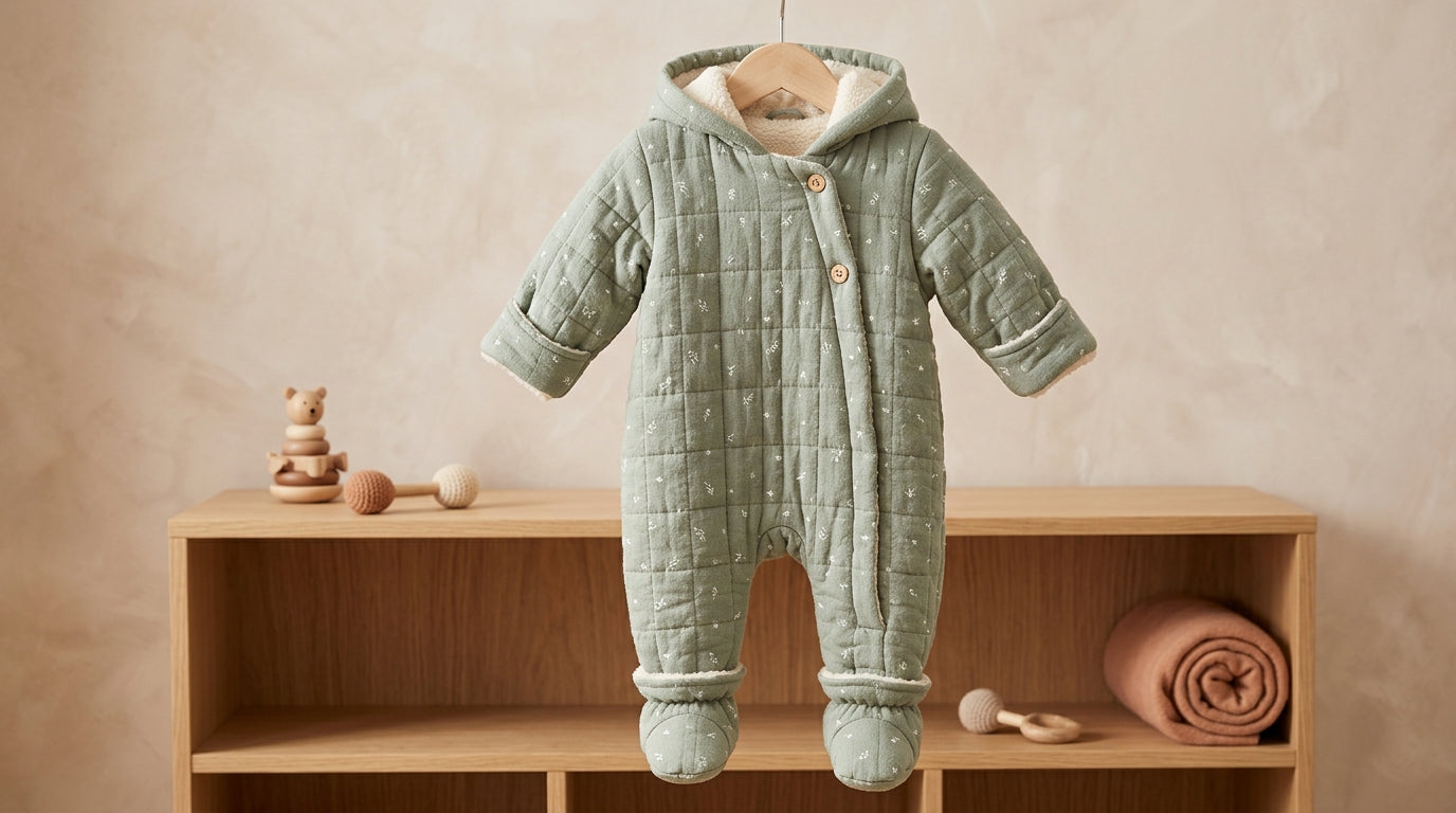 A frustrated mom holding a baby dressed in a puffy winter overall next to a car seat.