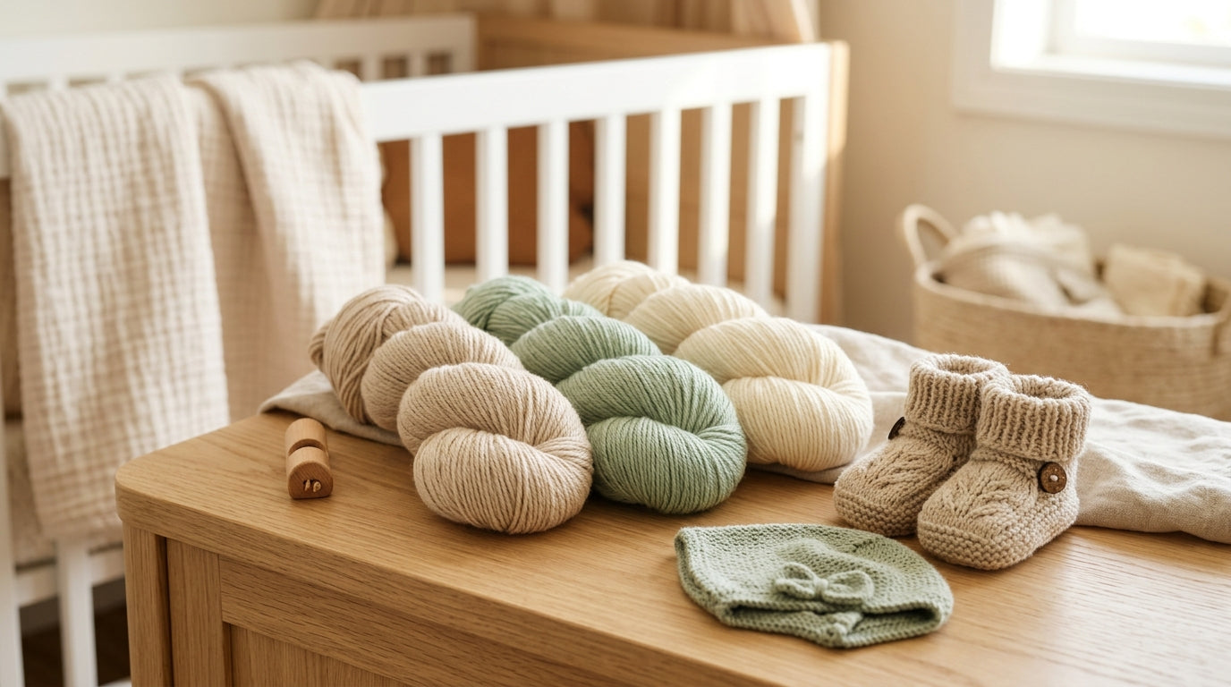 A confused dad looking at a pile of baby winter clothes and yarn