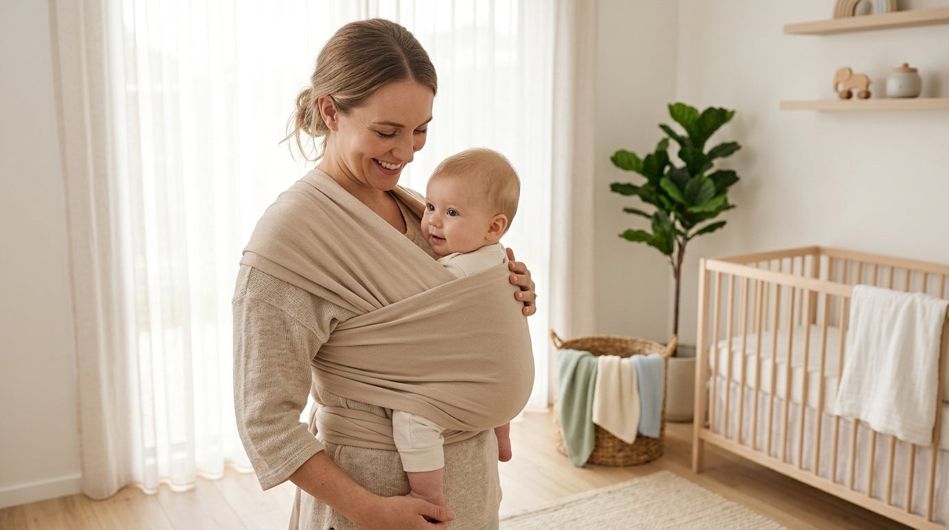 Tired dad trying to figure out how to tie a five-metre stretchy baby wrap sling in a car park.