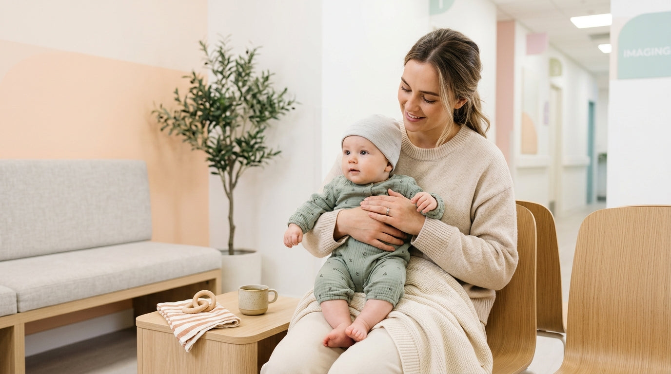 Stressed mom holding a baby in a hospital waiting room drinking coffee