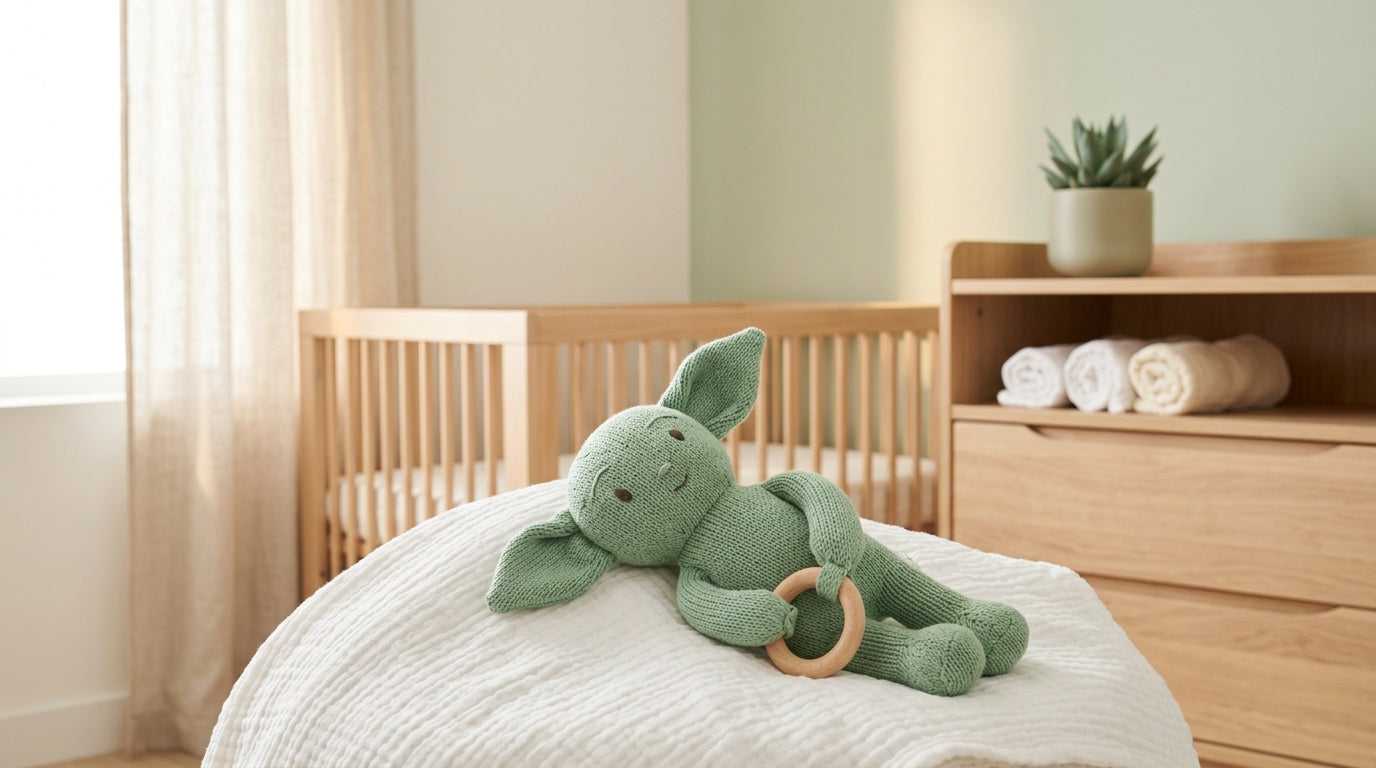 A tired mom holding a baby in a sage green swaddle on a neutral playmat