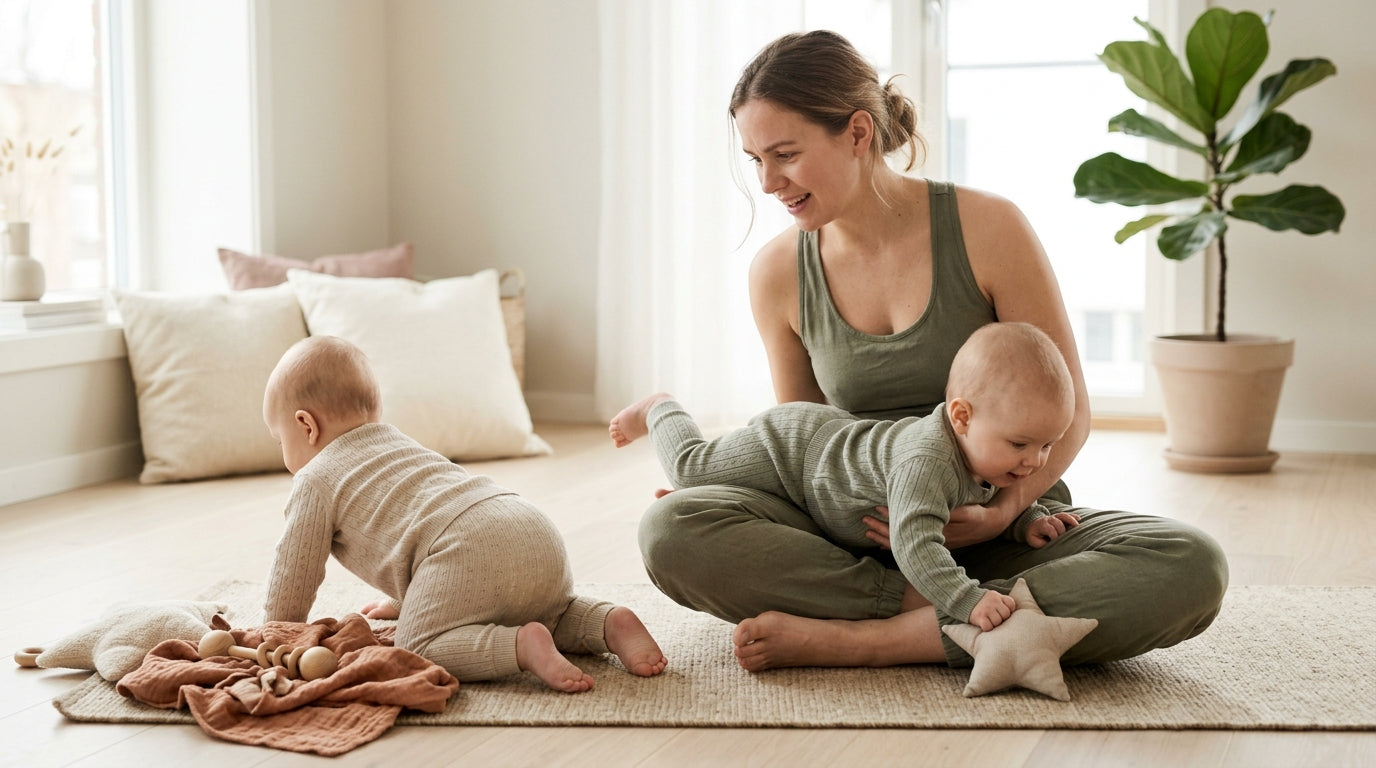 Exhausted dad sitting on a yoga mat surrounded by baby toys and twin girls
