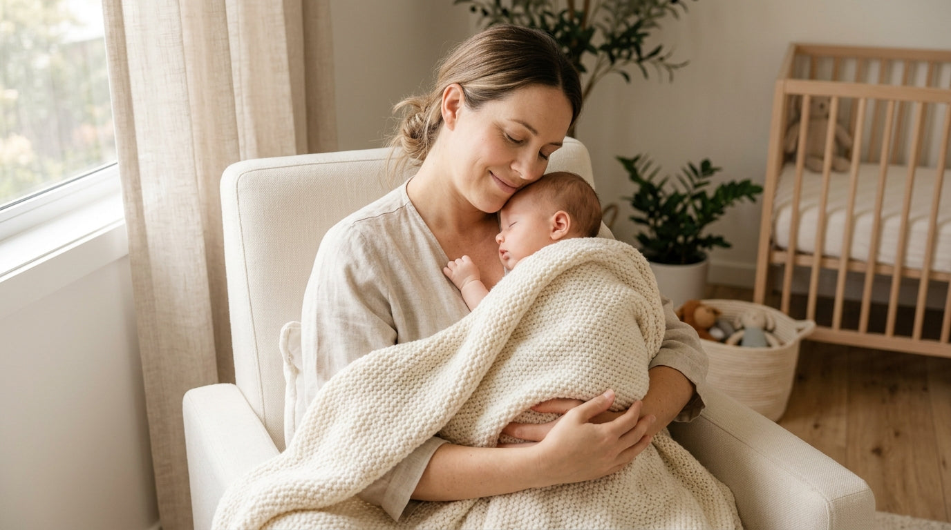 A crumpled merino wool baby blanket thrown over the back of a nursery rocking chair.