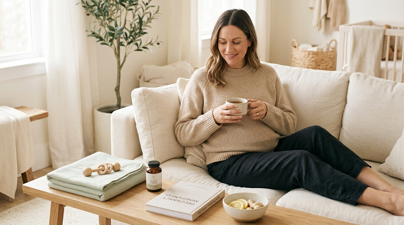 A pregnant woman sitting on a kitchen floor looking exhausted next to a cabbage