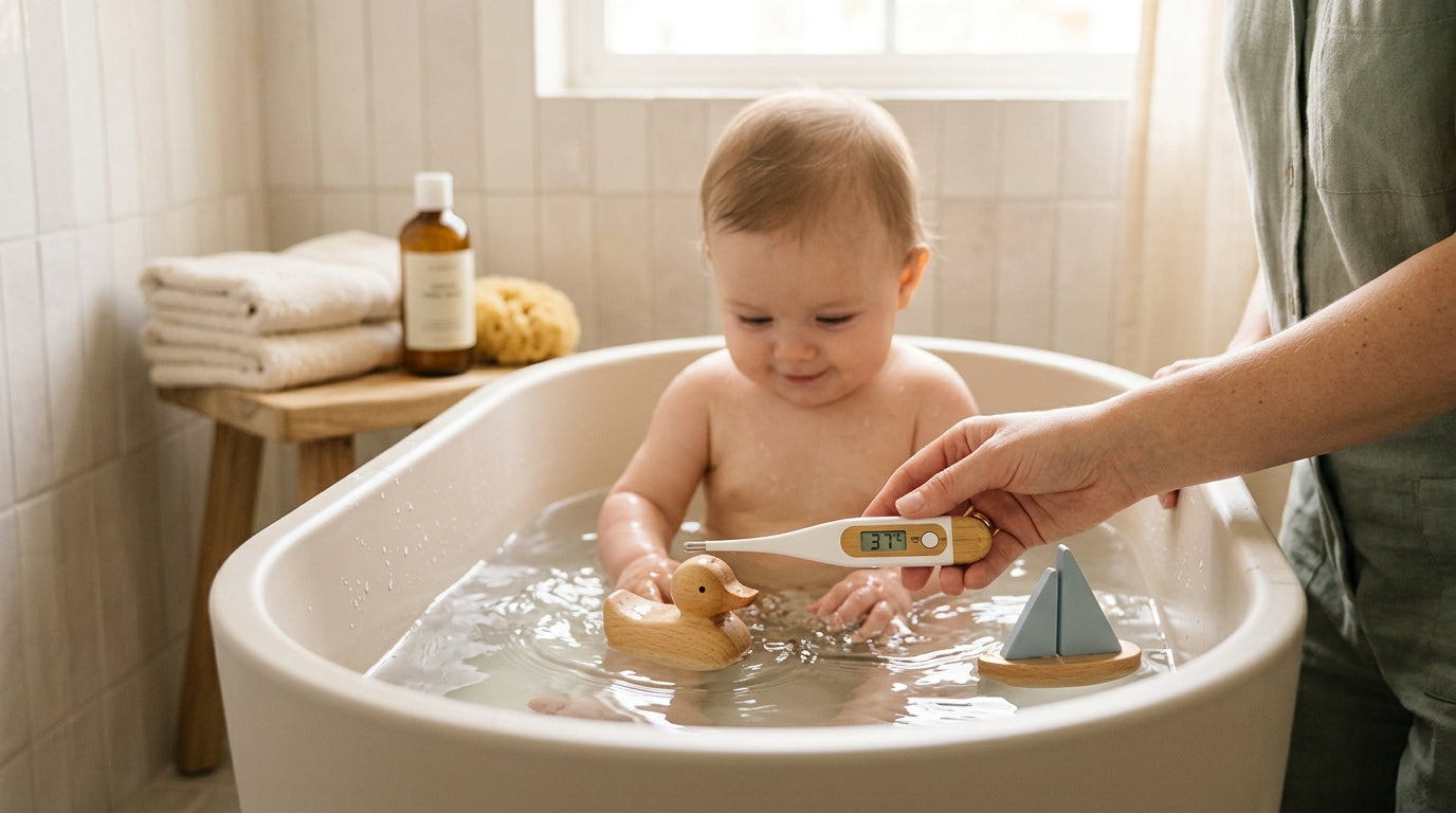 A stressed dad testing the baby's bath temp with his elbow.