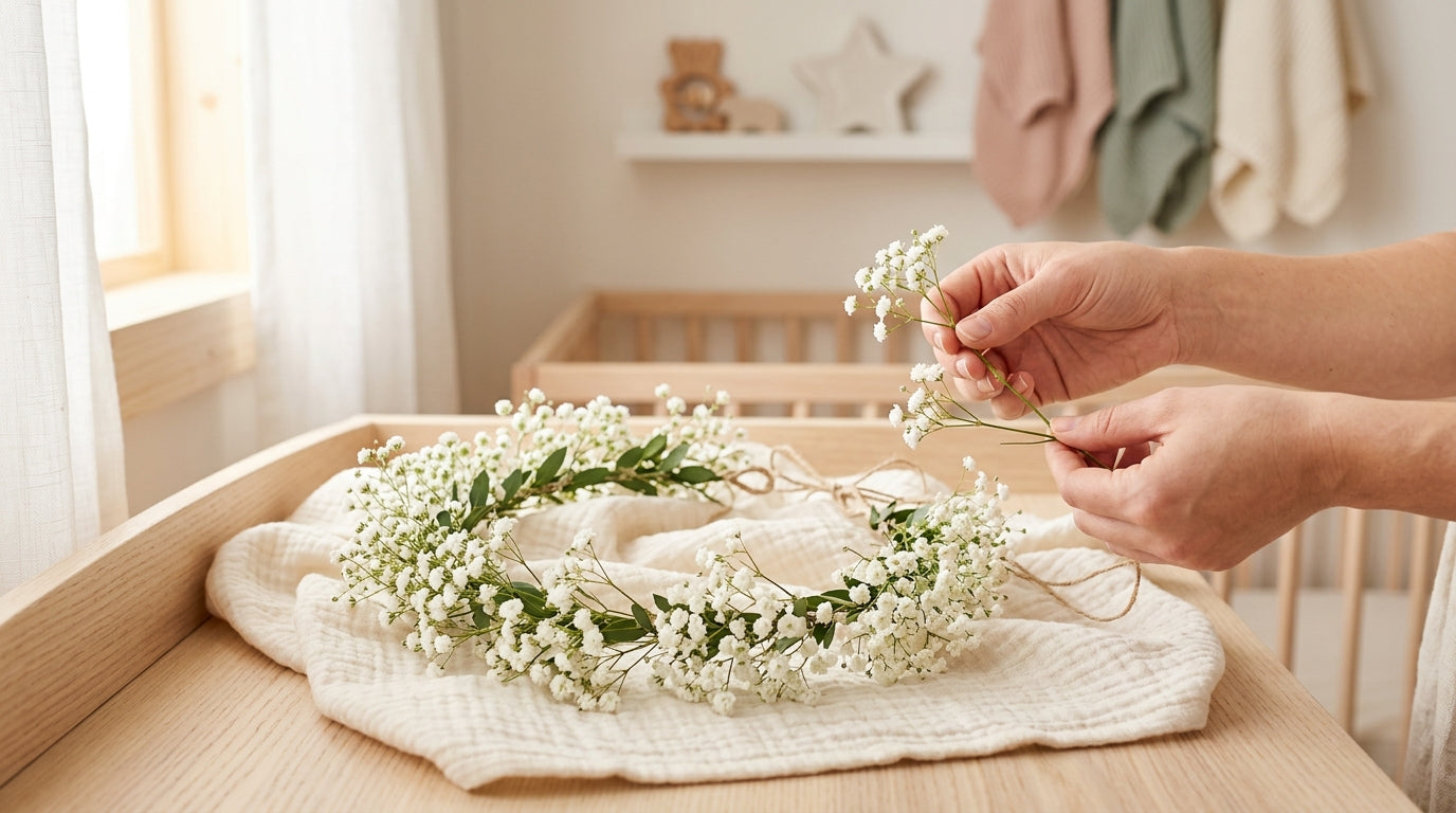 Confused dad holding a messy baby's breath floral garland in a nursery