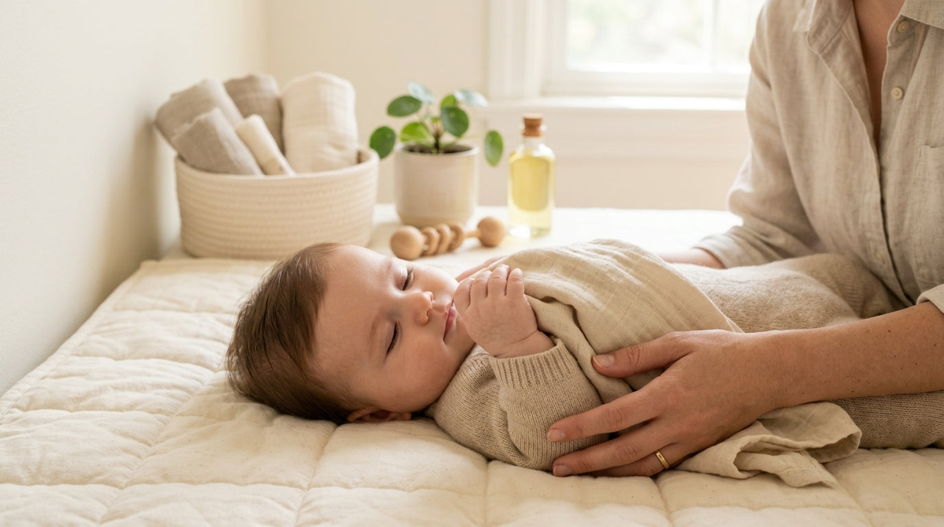 A confused dad looking at a baby monitor while holding a folded baby blanket