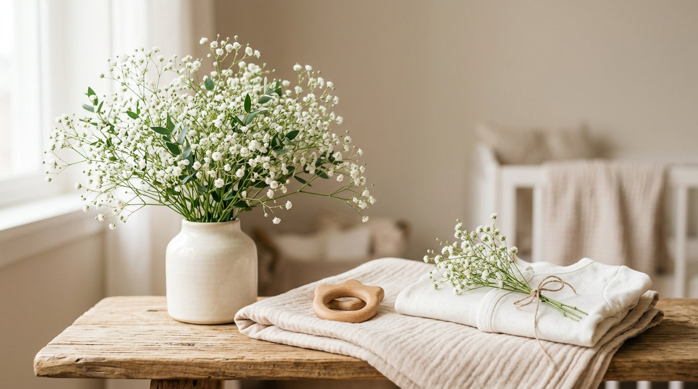 Sleeping baby wrapped in an organic cotton floral nursery blanket