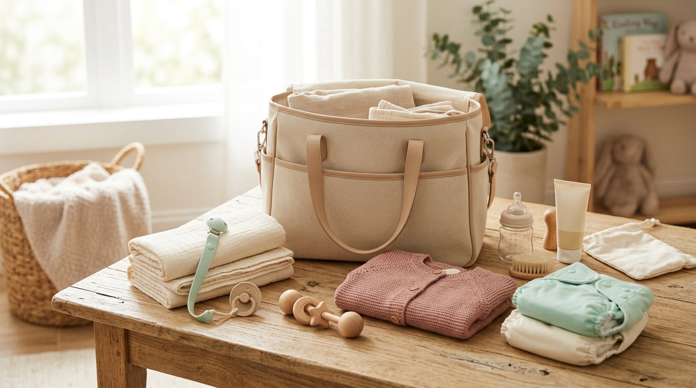 Marcus looking stressed while packing a massive diaper bag by the front door