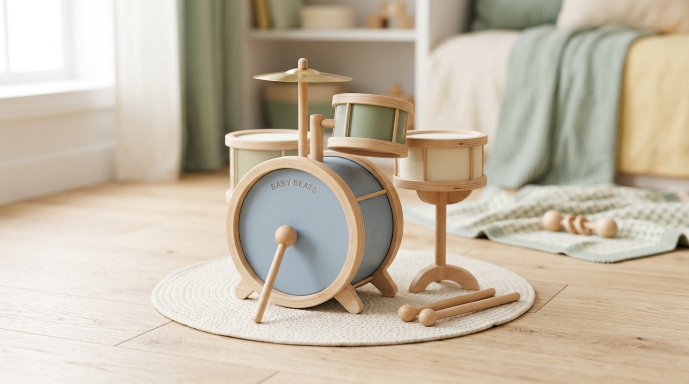 Dad and baby playing with a wooden drum kit on a nursery floor