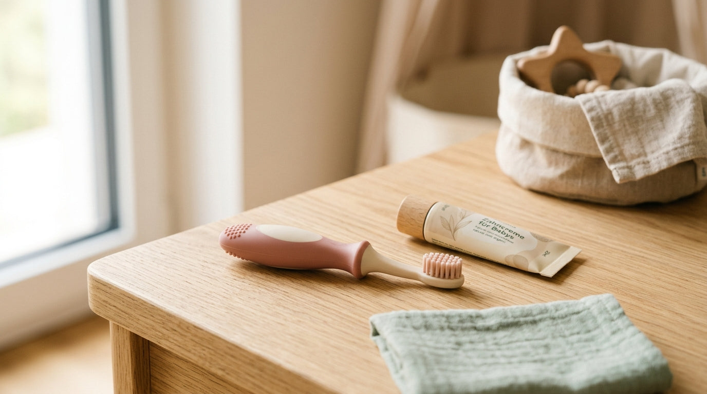 Silicone baby toothbrush resting on a clean white cotton towel