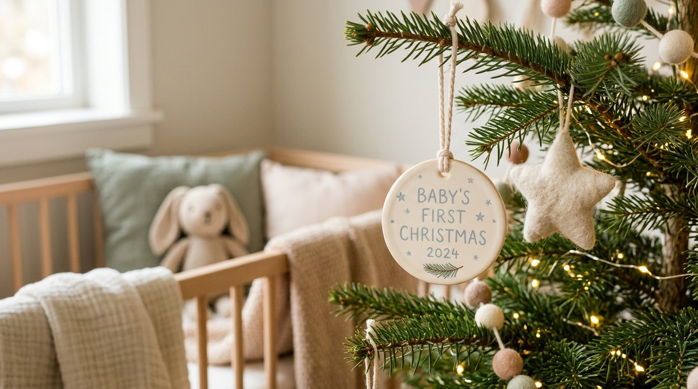 Shatterproof wooden baby's first christmas ornament on a pine branch
