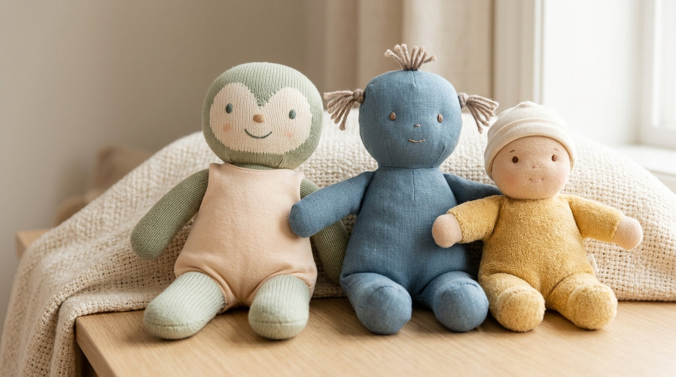 A soft organic cotton baby doll resting on a beige nursery blanket