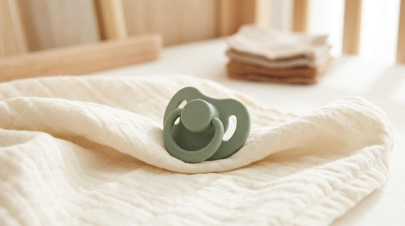 A close-up of a baby's pacifier resting next to an unplugged keyboard on my very messy home office desk.