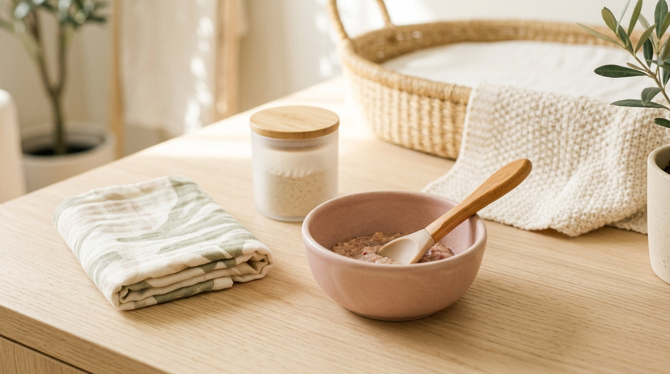 Exhausted mom looking at a tiny baby bottle next to her sleeping newborn.