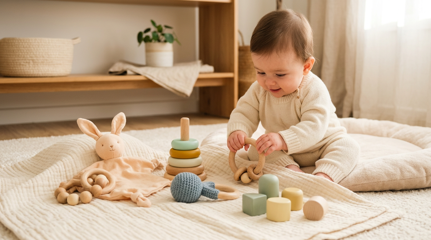 A six month old baby playing with a silicone teether on an organic cotton playmat