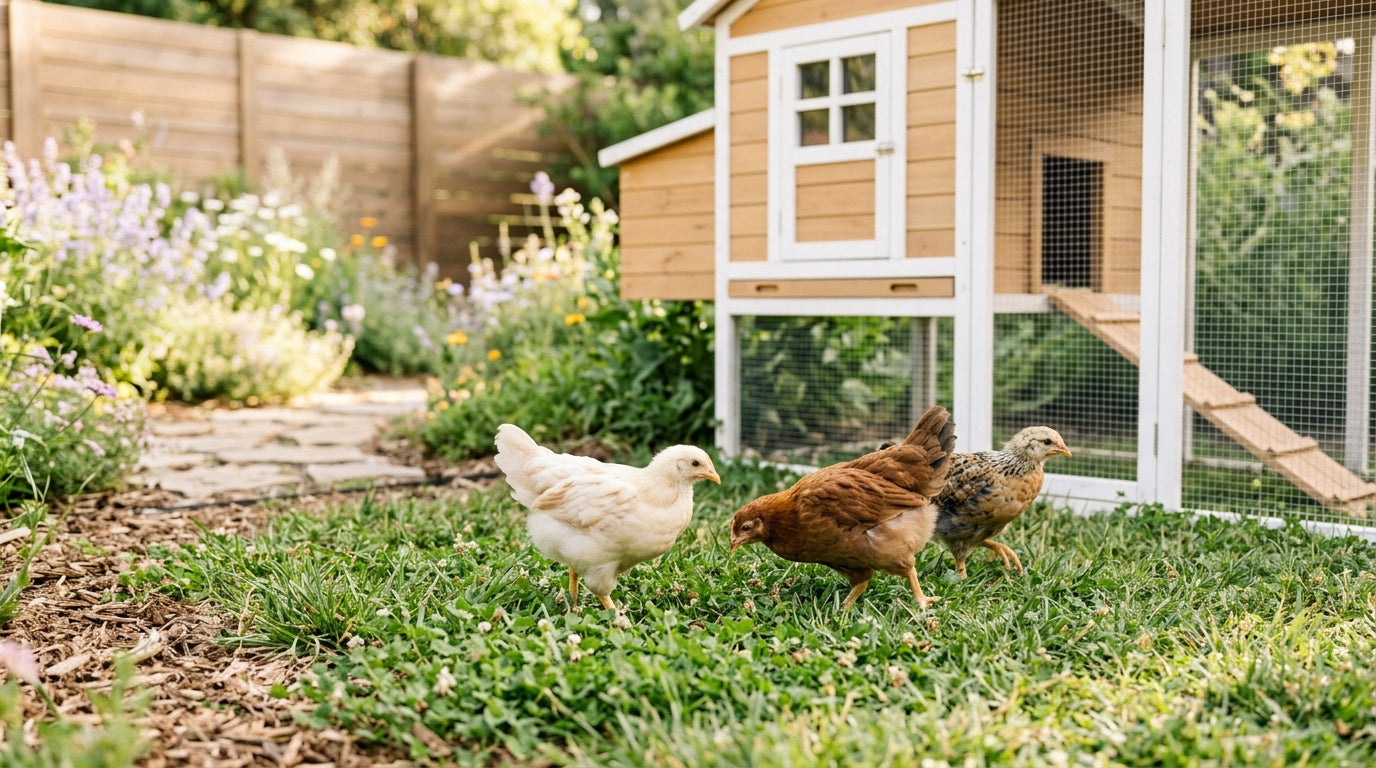 A toddler looking at a baby chick in a grassy backyard enclosure.