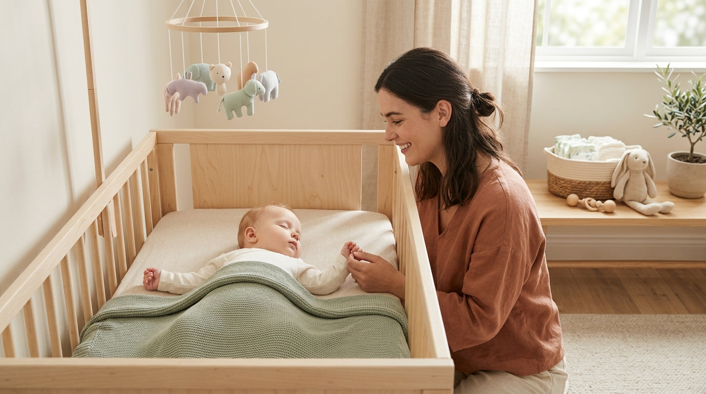 Stressed mom sitting in a rural Texas kitchen holding a fussy newborn baby