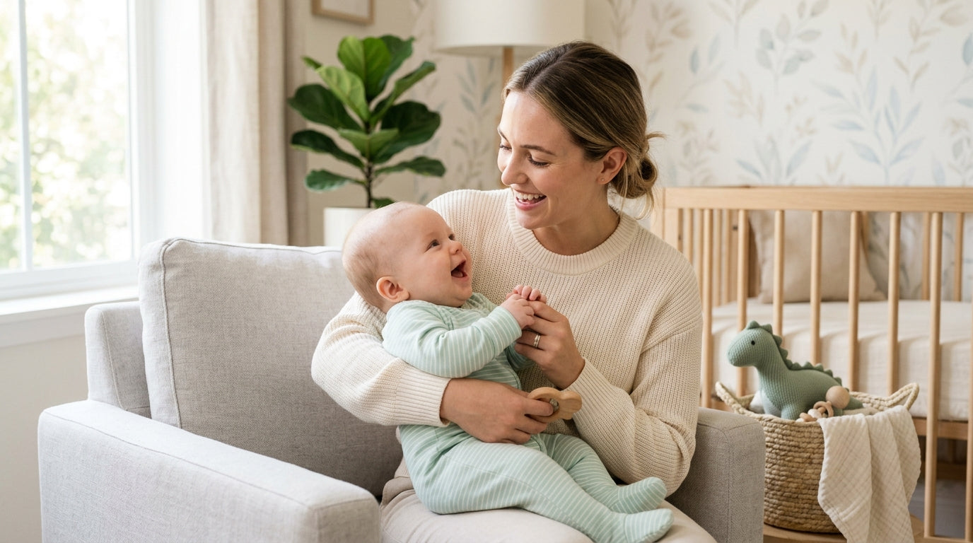 A dad holding an 11-month-old baby while singing and looking confused.