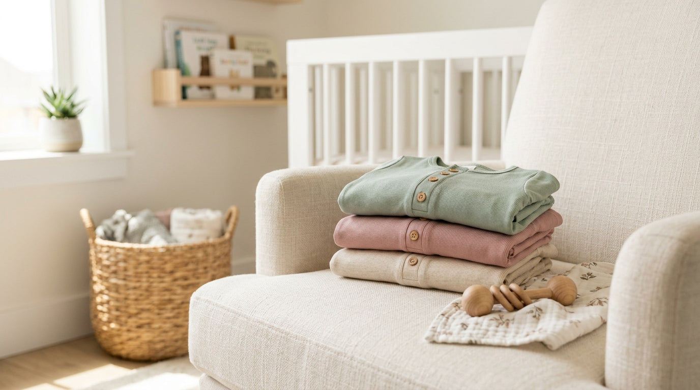 A tired mom folding a pile of soft, breathable infant sleep sacks and blankets on a rustic wooden table.