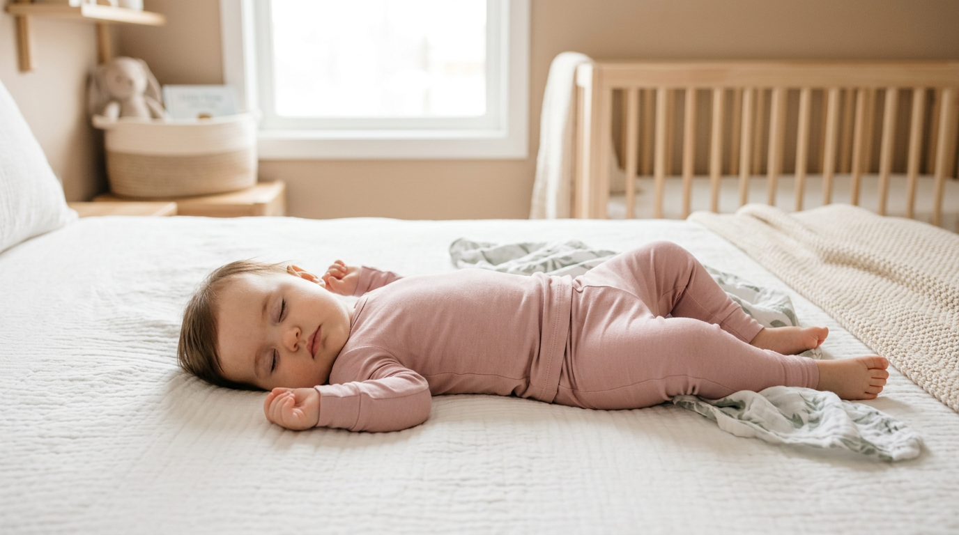 Tired mom holding a sleeping baby dressed in a soft bamboo pajama sleeper