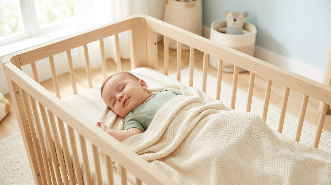 A dad looking exhausted next to a crib with a neatly folded bamboo blanket