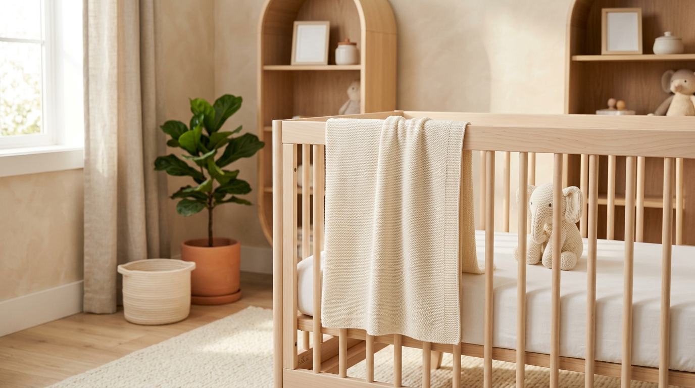 Marcus holding a folded bamboo crib blanket in the nursery