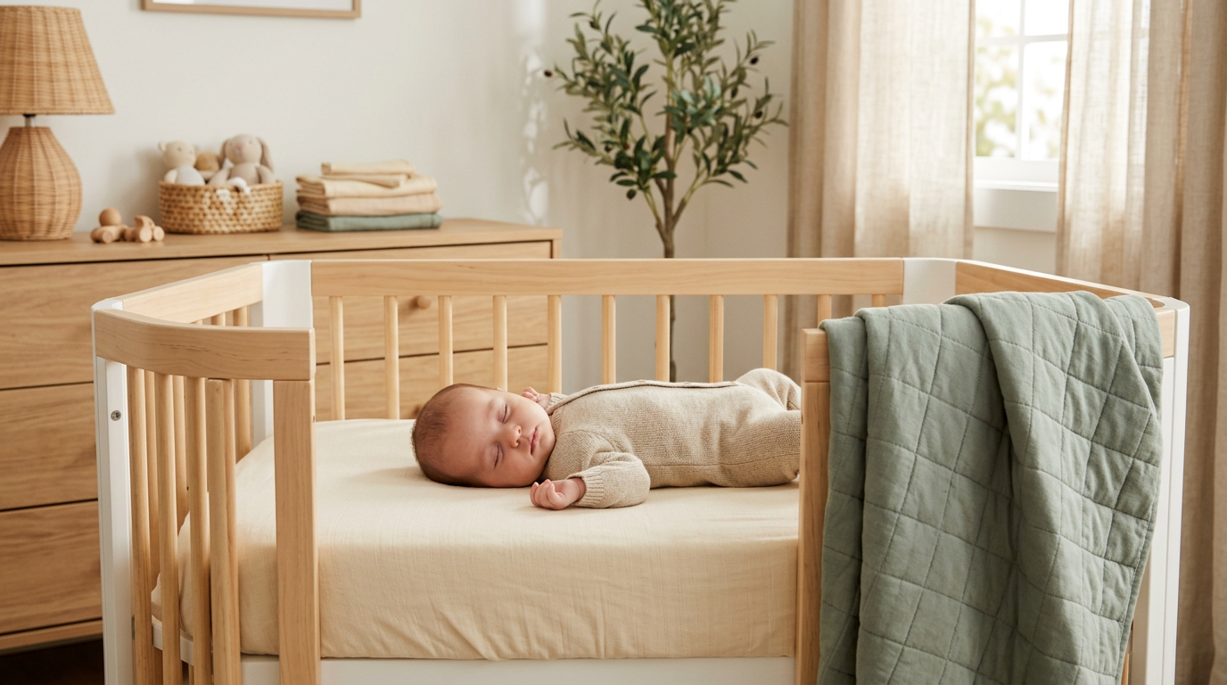 A wrinkled bamboo sheet stretched tight over a small mattress next to a laundry basket.
